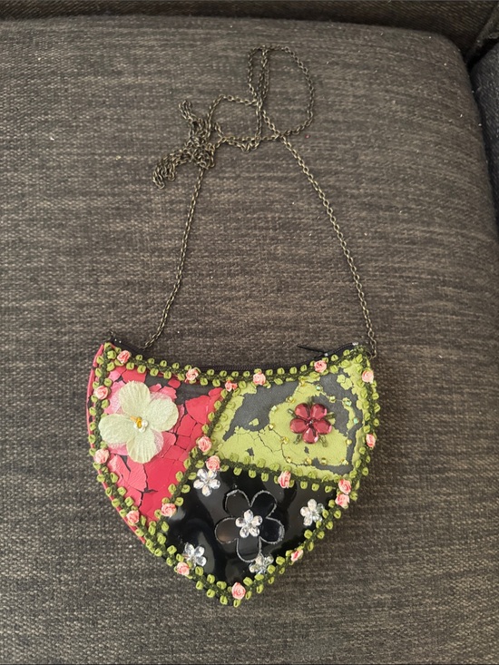 Mary Frances Handbags - Vintage Mary Frances Floral Patchwork Beaded Crossbody Bag - Pink, Lime & Black